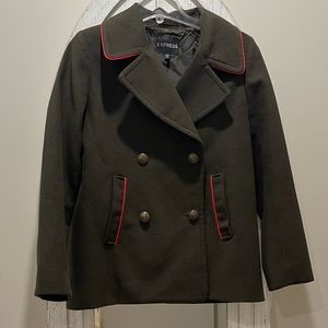 ❌SOLD! Express Women M Double Breasted Pea Coat Jacket Olive Green Red Piping